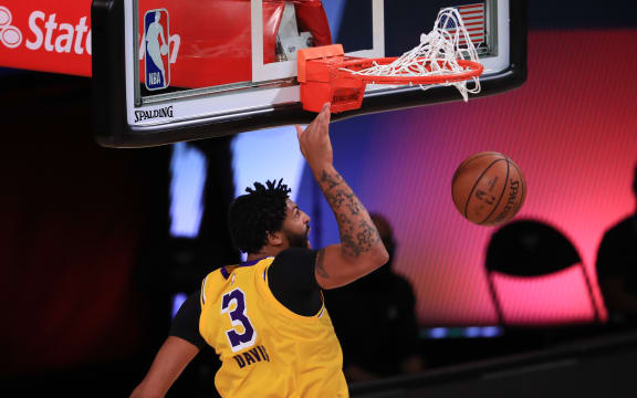 Anthony Davis #3 of the Los Angeles Lakers dunks the ball during the third quarter against the Houston Rockets in Game Four of the Western Conference Second Round during the 2020 NBA Playoffs.