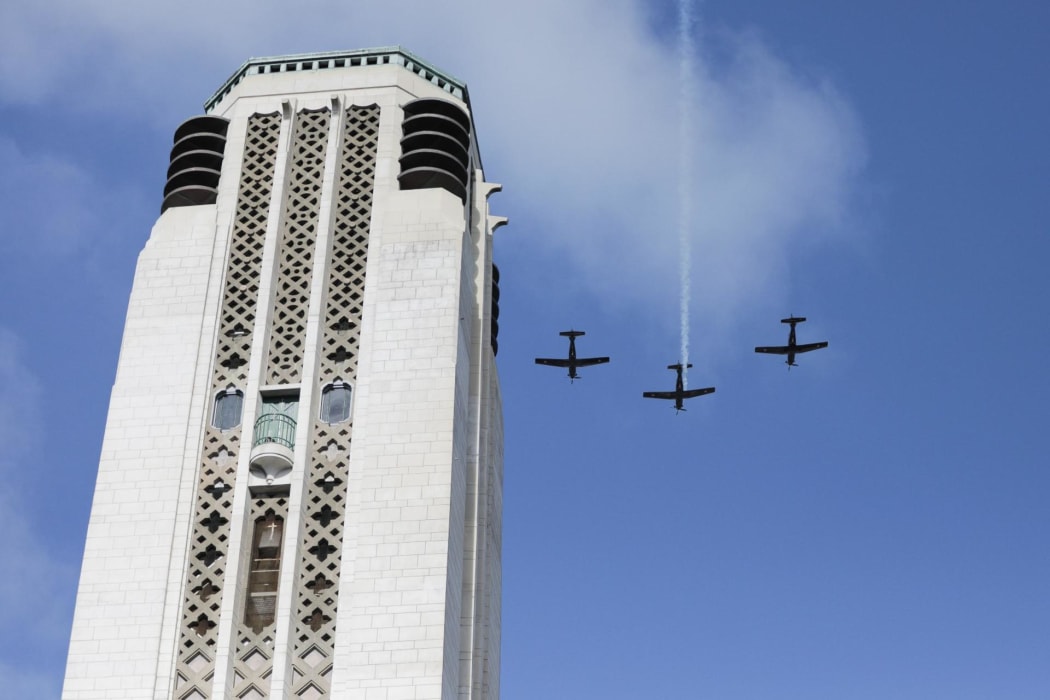 Airforce flyover at Pukeahu National War Memorial in Wellington on Anzac Day 2022.
