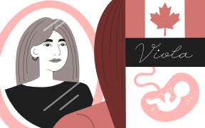 Stylised illustration collage of woman looking into mirror, Canadian flag, a fetus in womb, and the word Viola