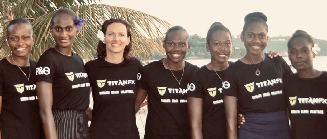 Vanuatu's new senior national beach volleyball coach Federica Tonon with members of the national squad.