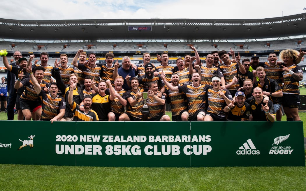 Eden Lizards celebrate their win against University Squids during the Final of the U85 National rugby match, held at Eden Park in Auckland on 7  November 2020.