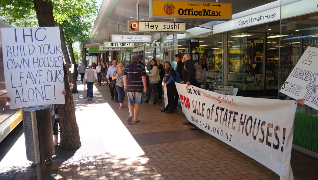 Protestors picketing IHC's head office in Wellington.