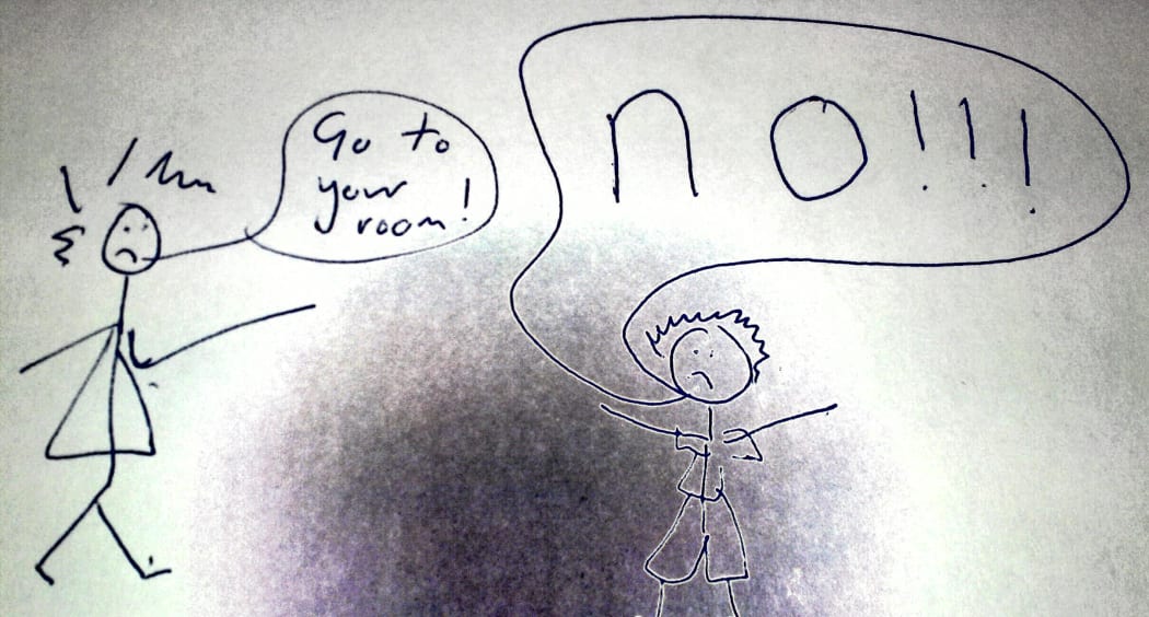 A child's drawing of a parent asking a child to go to their room and the child shouting 'no' in response.
