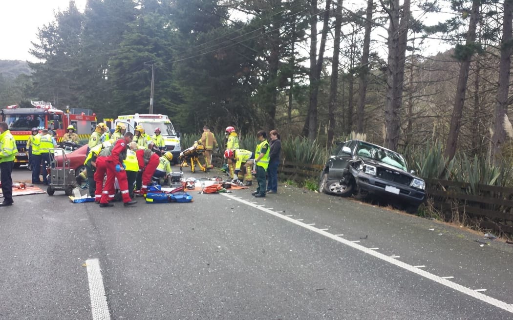 The scene of a serious three-car crash which closed SH1 north of Puhoi.