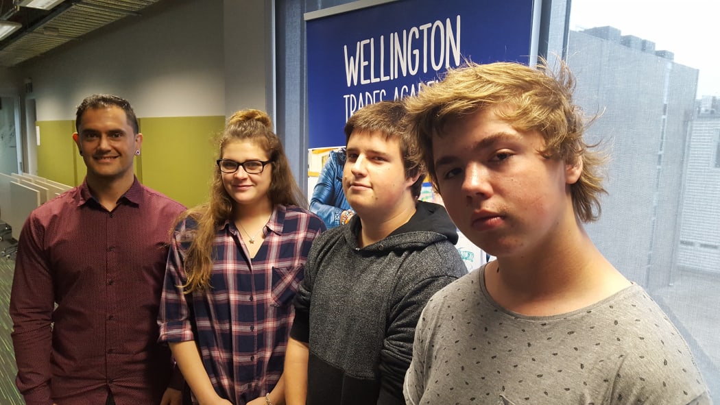 From left Wellington Trades Academy manager, Matt Renata, with Year 12 students Zanel Herselman, Ryan Ramsay, and Jayden Smith.