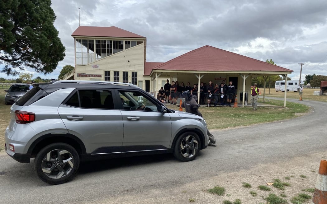 Mākoura College students watch a safety demonstration during a RYDA [Road Safety Education] workshop at Solway Showgrounds, Masterton. Students at the school, and other Wairarapa leaner drivers, are waiting up to three months to get a restricted licence test. SINGLE USE ONLY.