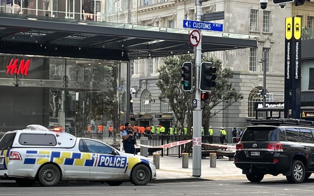 A large number of construction workers can be seen walking near Britomart in Auckland's CBD during a serious incident on 20 July, 2023.