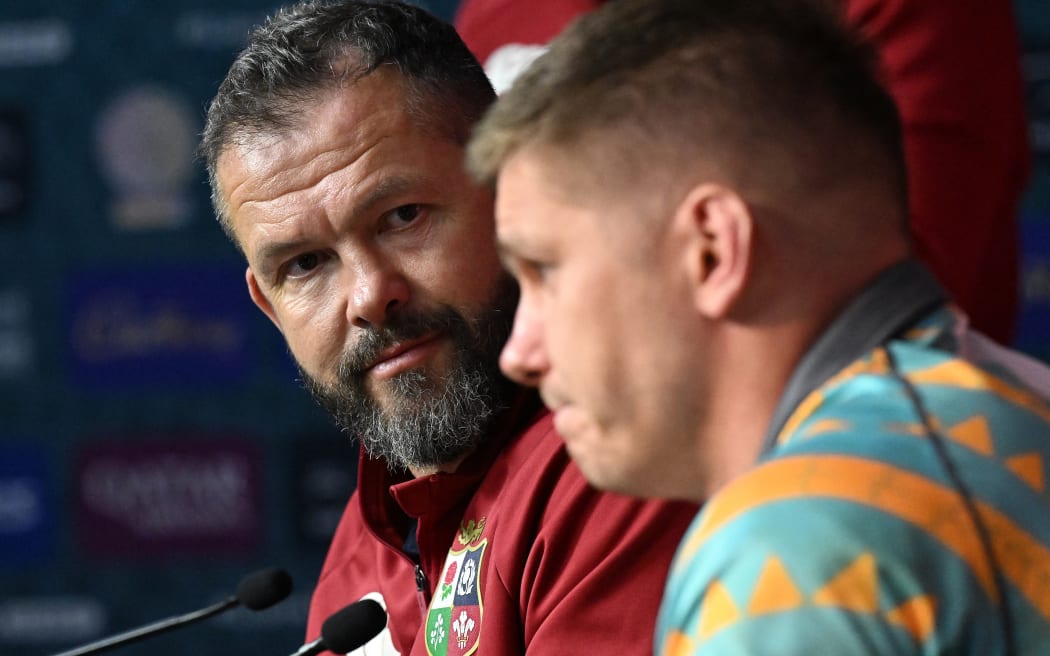 British and Irish Lions' head coach Andy Farrell (L) and player Owen Farrell.