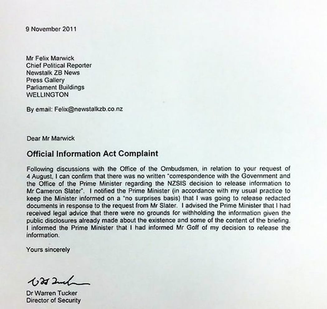 The letter from Dr Tucker to a Newstalk ZB reporter in 2011.