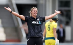 White Ferns Molly Penfold celebrates Australia Ellyse Perry (Back) being caught during the 2nd ODI New Zealand White Ferns v Australia Rose Bowl ODI series at Cello Basin Reserve, Wellington, 21 December 2024. © Copyright image by Marty Melville / www.photosport.nz