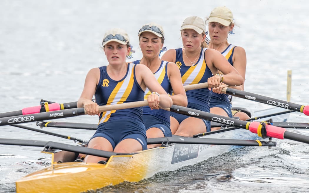 Rosa Jones (stroke), Samantha Vance, Imogen Bell, Millie Wright + Amber Williams (cox) , Rangi Ruru , U18 four  NZ Secondary Schools Rowing Championships, Lake Karapiro,2019.
