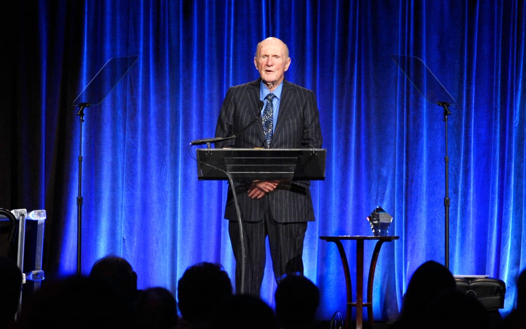 Julian Robertson speaking on stage at The Christopher & Dana Reeve Foundation "A Magical Evening" on 20 November, 2014 in New York City.