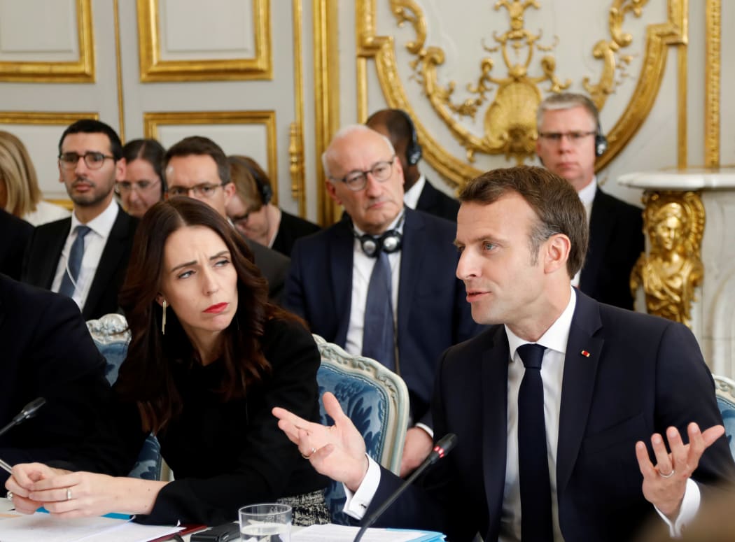 French President Emmanuel Macron and Prime Minister Jacinda Ardern attend a launching ceremony for the 'Christchurch Call' at the Elysee Palace in Paris, on May 15, 2019.