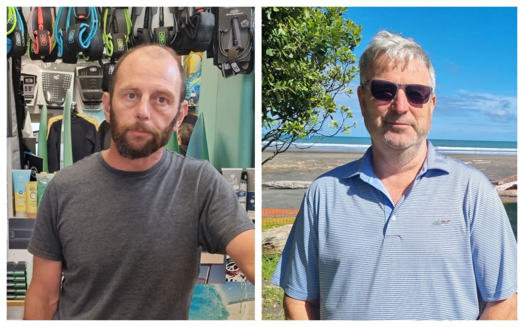 Dreamtime Surf Shop co-owner Craig Dingle, left, and Julian Harkness, Ōpunake Beach Holiday Camp manager