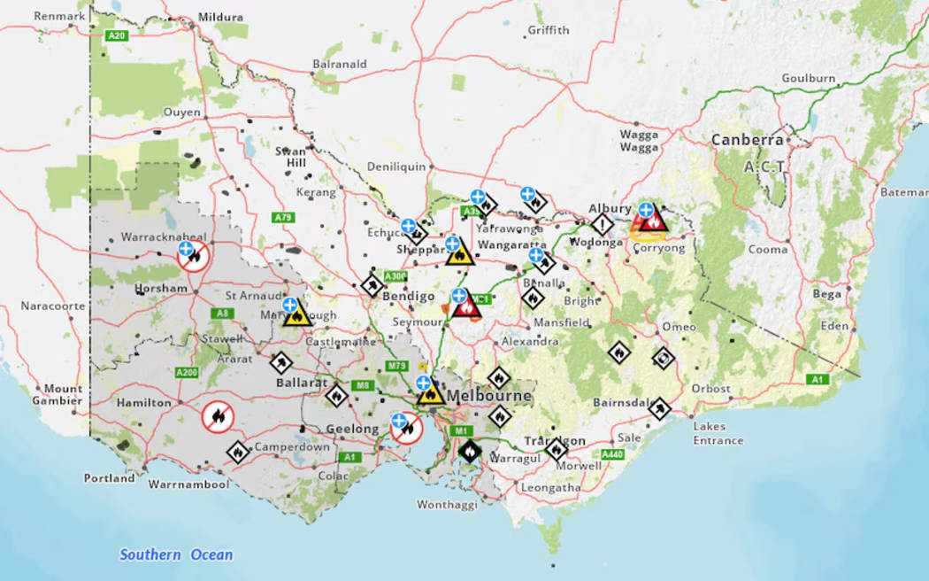 Multiple fire warnings, indicated by yellow, orange and red icons, were in place in Victoria on Wednesday afternoon.