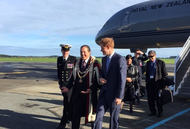 Prince Harry (front, right) meets with Invercargill Mayor Tim Shadbolt.