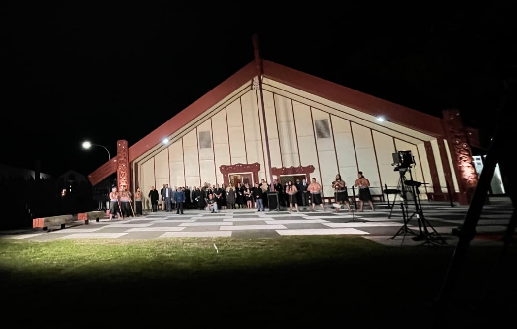 Descendents of Taranaki Whanui and its leaders in Wellington gathered at Pipitea Marae - just down the road from the protest - to lay te Kahu o te Raukura on its whenua as a cloak of peace.