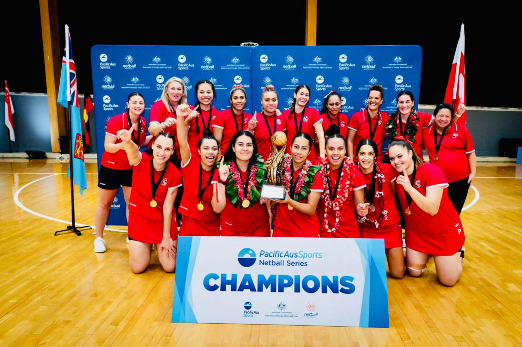 Tonga celebrate their win in the Pacific AusSports Netball Series.