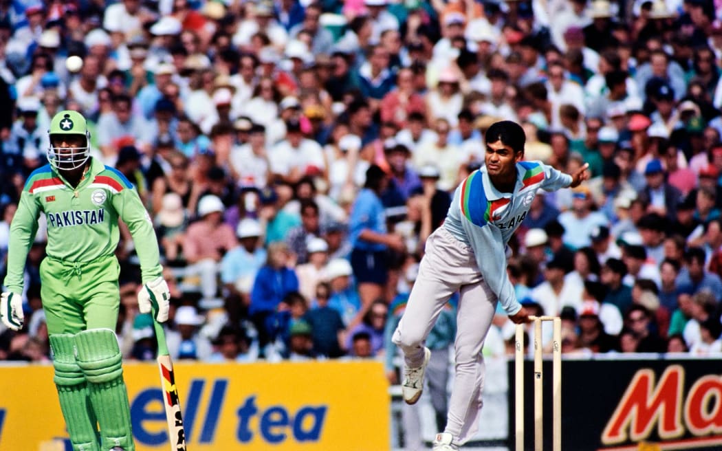 Dipak Patel. 1st Semi Final, Benson & Hedges Cricket World Cup. New Zealand v Pakistan, Eden Park, Auckland. 21 March 1992. © Copyright Photo: Andrew Cornaga / www.photosport.nz