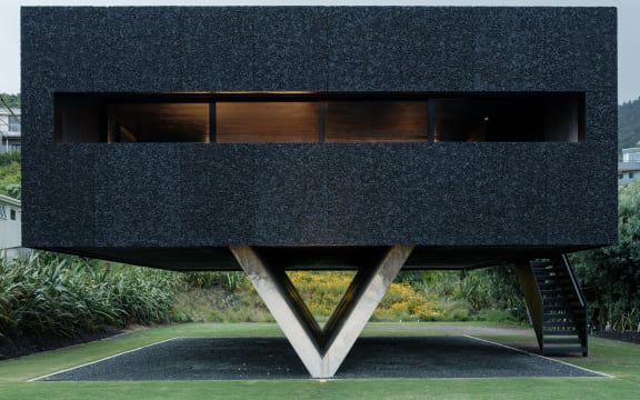 An image of a house installed on concrete V-shaped stilts in Piha.