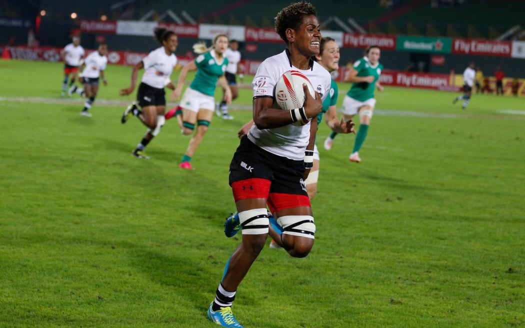 Fiji's Miriam Naiobasali strides out against Ireland during the Dubai Sevens.