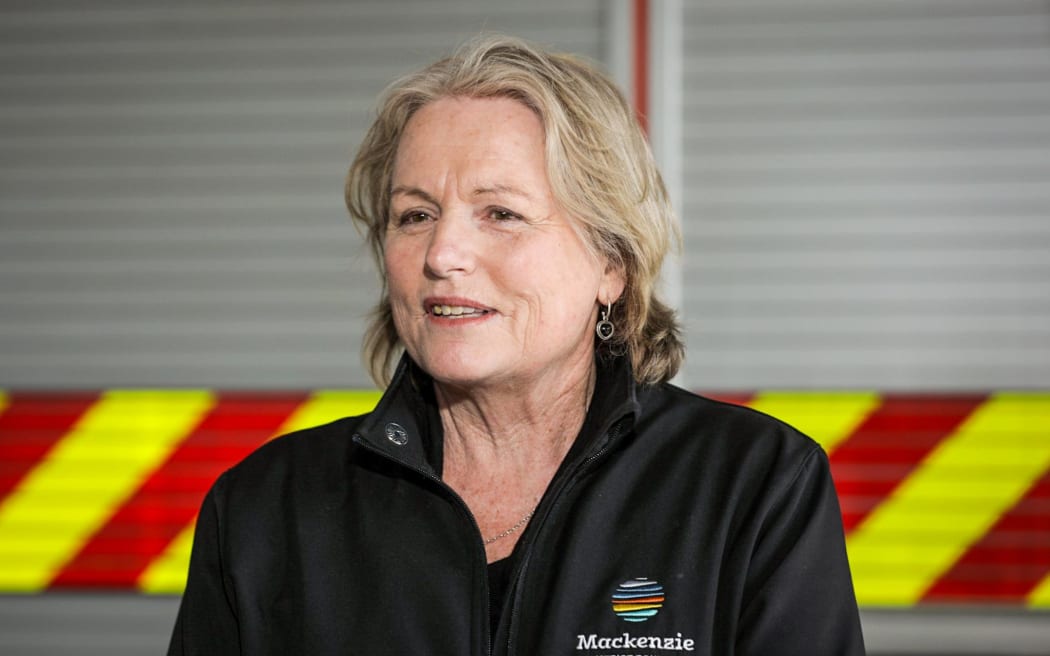 Mackenzie District Mayor Anne Munro speaks to reporters as heavy rain causes flooding in the South Island on 21 September, 2023.