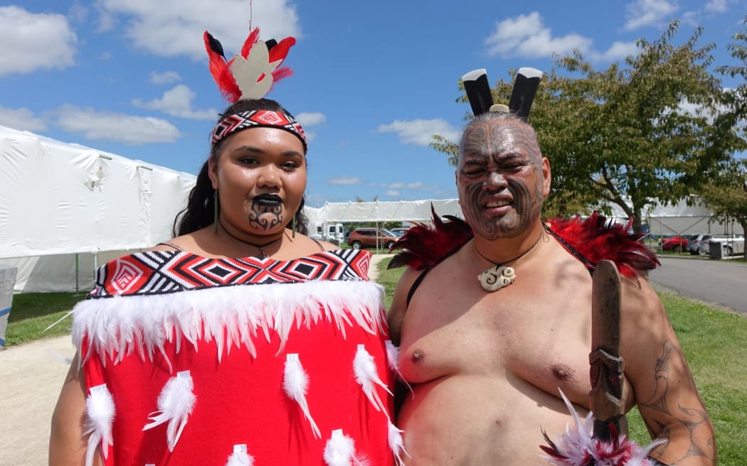 Te Rerenga Kōtuku performer JB Smith and his daughter at Te Matatini in Hastings on 24 February 2017.
