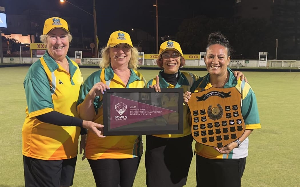 Olivia Bloomfield (far right) with her Bowls Gold Coast Tweed team after they retained their women's title at the Sunshine Coast.