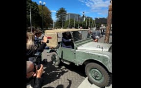 David Seymour starts to drive a Land Rover up the steps of Parliament, in a screenshot from the Act Party's video of the event.