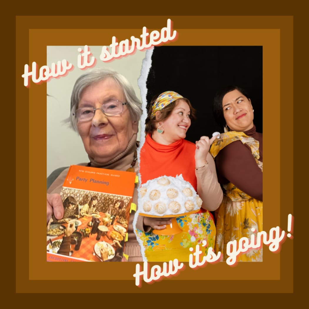 A photo that looks like t has been rippeed in half  On the left side it has a picture of an older woman Jacqueline Steincamp holding up her book on Party Planning. It is captioned with the words "How it Started". On the right hand side are two young women, the podcast hosts, Jaimee Poipoi and Maria Tanner, dressed in aprons and holding what looks to be a large pavlova. That image is captioned "How it's going"