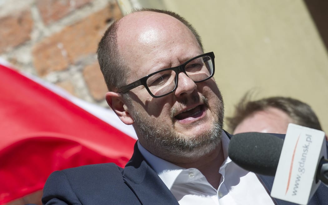 Mayor of Gdansk Pawel Adamowicz giving a speech in April 2018 in front of people taking part in an antifascist demonstration in Gdansk, Poland.