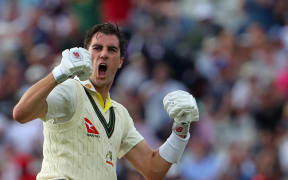 Australia captain Pat Cummins celebrates winning the first Ashes cricket Test against England, Edgbaston, 2023.