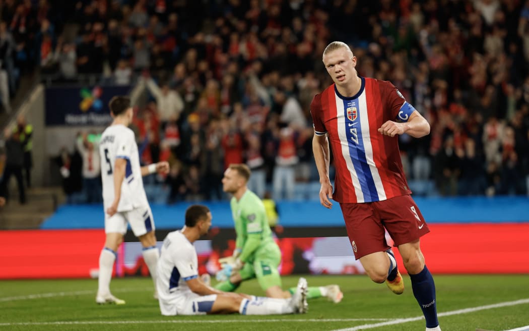 Erling Haaland celebrates a goal for Norway against Israel.
