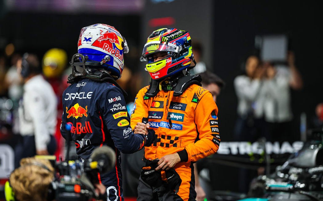 Max Verstappen l Racing celebrates this pole position with Oscar Piastri during qualifying ahead of the F1 Grand Prix of Saudi Arabia at Jeddah Corniche Circuit.