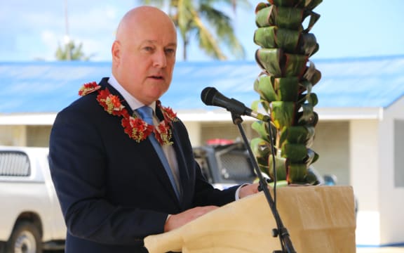 Christopher Luxon speaks at Tonga's police headquarters, announcing further support for the Pacific Detector Dog programme.