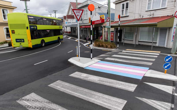 Wellington crossing painted in transgender flag restored to original | RNZ
