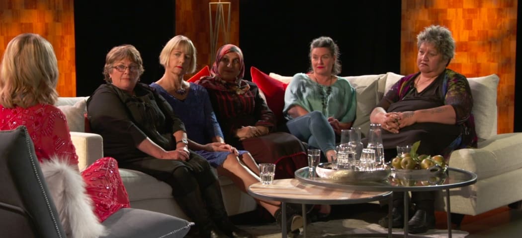Alison Mau with Domestic Violence panellists Gabrielle Quirk, Catriona Maclennan, Anjum Rahman, Deborah McKenzie, Ruahine Albert,