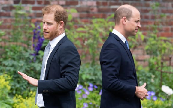 (FILES) In this file photo taken on July 01, 2021 shows Britain's Prince Harry, Duke of Sussex (L) and Britain's Prince William, Duke of Cambridge at the unveiling of a statue of their mother, Princess Diana at The Sunken Garden in Kensington Palace, London. - Britain's Prince Harry recounts in his new book how he was physically "attacked" by his older brother Prince William during an argument in 2019, the Guardian reported on January 4, 2023. (Photo by Dominic Lipinski / POOL / AFP)