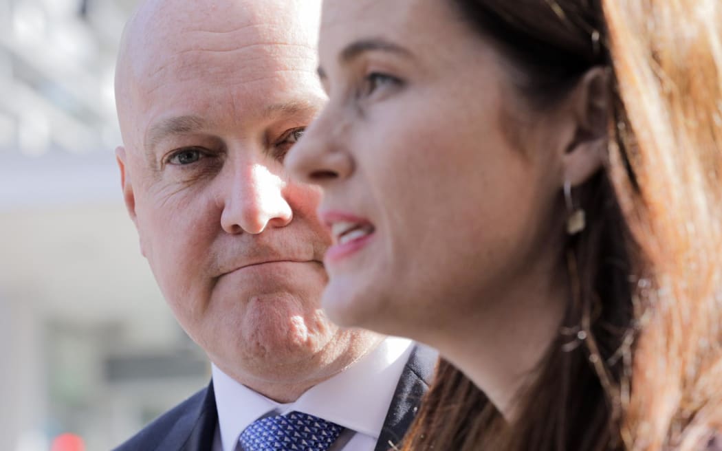 National Party leader Christopher Luxon and deputy Nicola Willis at the scene of the Loafers Lodge fire on 16 May, 2023.