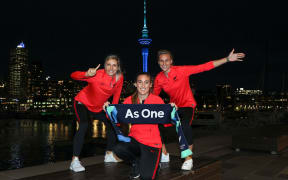 Ferns Annalie Longo, Erin Nayler and Hannah Wilkinson pose for pictures ahead af the FIFA Women's World Cup 2023 hosting announcement.