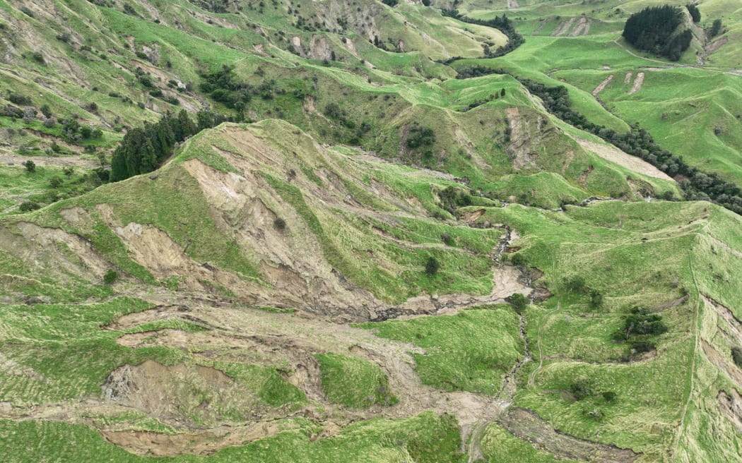 Landslips on the hills of Kokopuru Station.