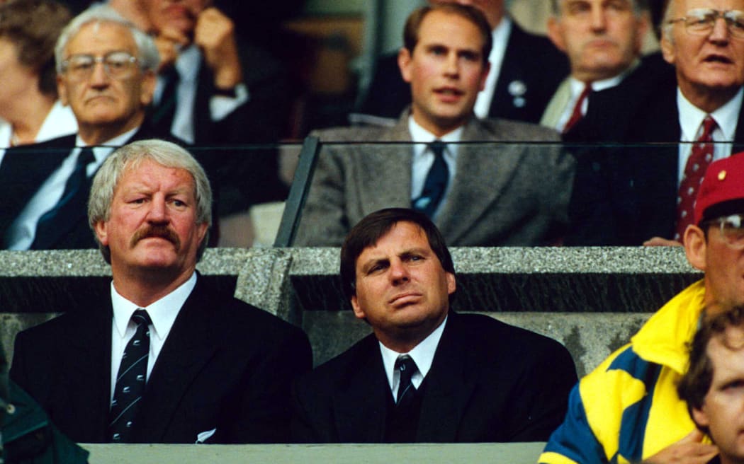 Coaches Alex Wyllie and John Hart watch on during an All Blacks match at the rugby union World Cup, 1991. Photo: Andrew Cornaga/PHOTOSPORT