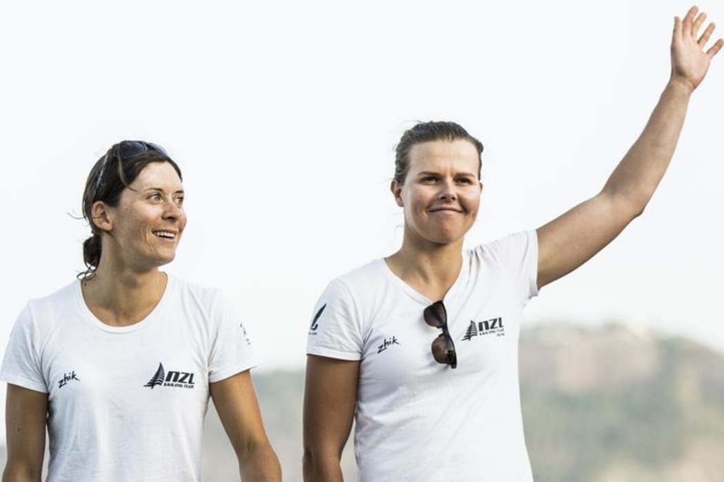 Jo Aleh and Polly Powrie on the podium, Rio, 2015.