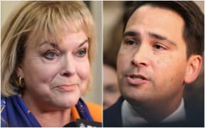 Judith Collins and Simon Bridges at caucus run.