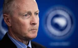 Police Association president Chris Cahill speaks at a media conference on association members rejecting the government’s pay offer.