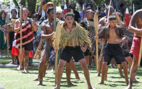 Boys performing the haka pōwhiri as a delegation including representatives from Kīngitanga, Rātana, Parihaka and Te Pāti Māori are welcomed on to Te Whare Rūnanga at the Treaty grounds, on 4 February, 2024.