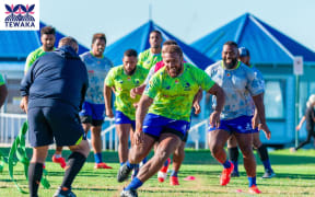 Fijian Drua's Tevita Ikanivere (front in green) leads the forward pack at training in Perth, ahead of the team's battle against Western Force in Round 12 of the Super Rugby Pacific on Saturday on May 11, 2024. Photo: Fijian Drua