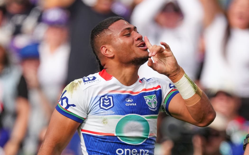 Leka Halasima of the Warriors celebrates after scoring a try during the Telstra NRL Premiership match between the NZ Warriors and the Melbourne Storm.