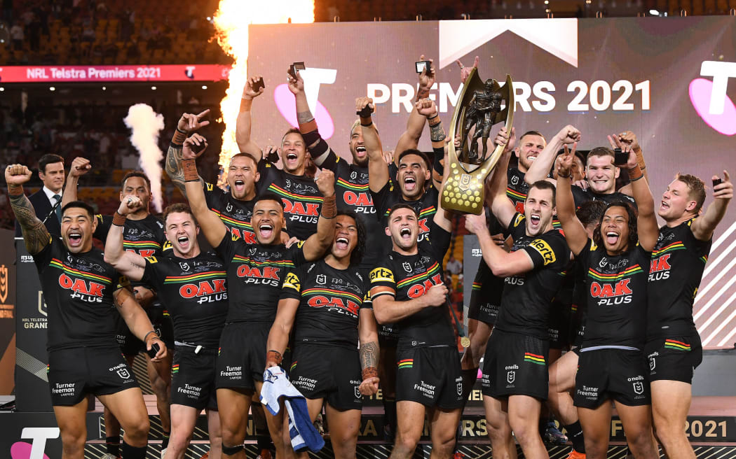 The Penrith Panthers celebrate winning the 2021 NRL grand final.
