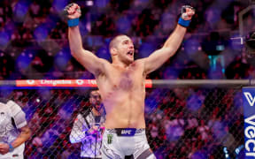 Sean Strickland celebrates after beating Israel Adesanya. UFC 293, Qudos Bank Arena, Sydney Olympic Park Australia, Sunday 10th September 2023.  Copyright Photo: David Neilson / www.photosport.nz